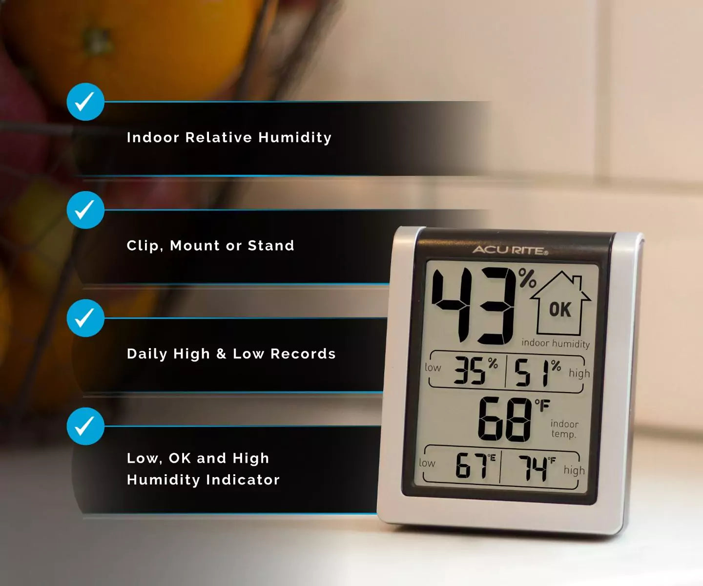 Digital Acurite hygrometer showing indoor humidity and temperature with high/low indicators