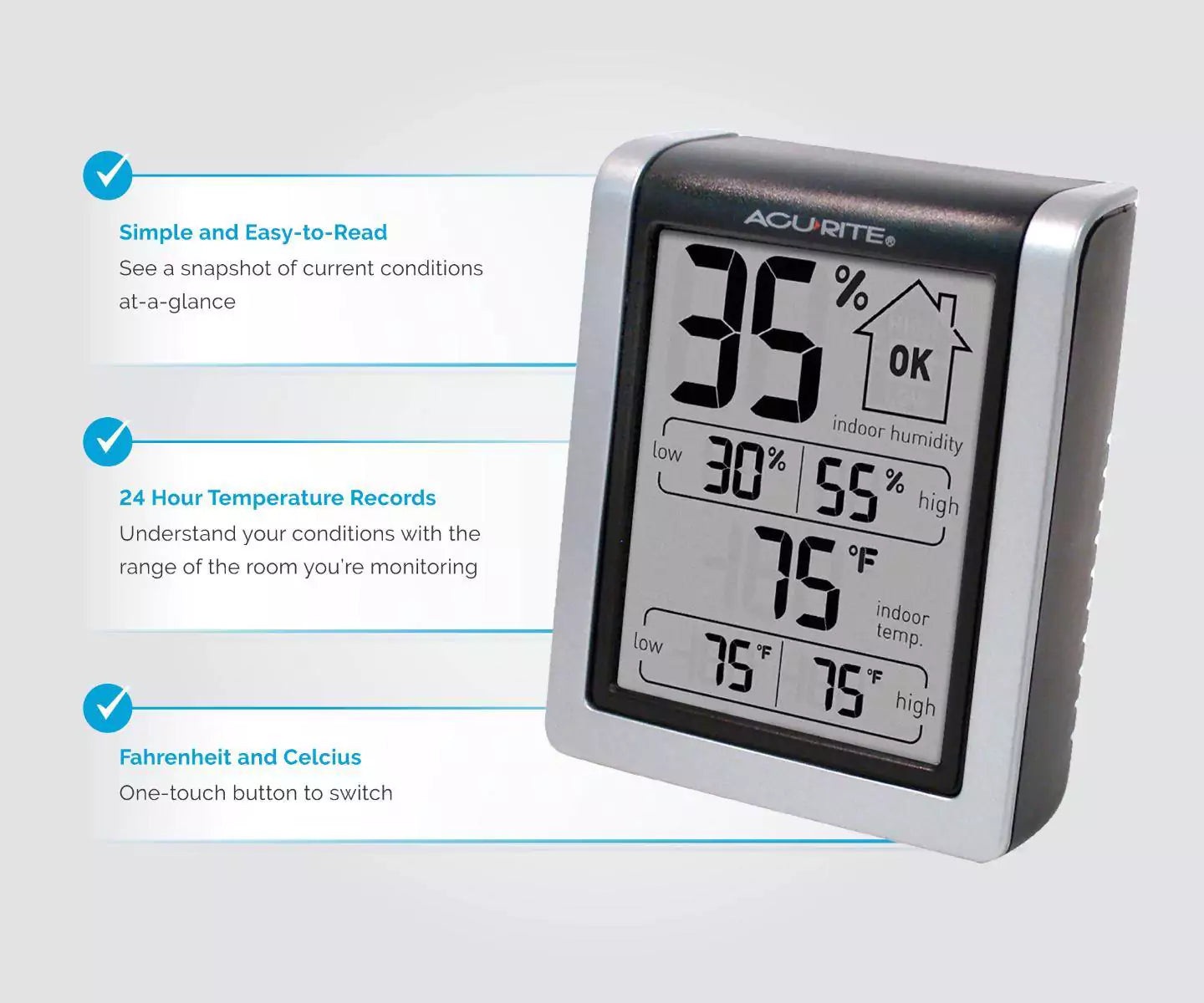 AcuRite humidity monitor with 24-hour records and Fahrenheit/Celsius switch