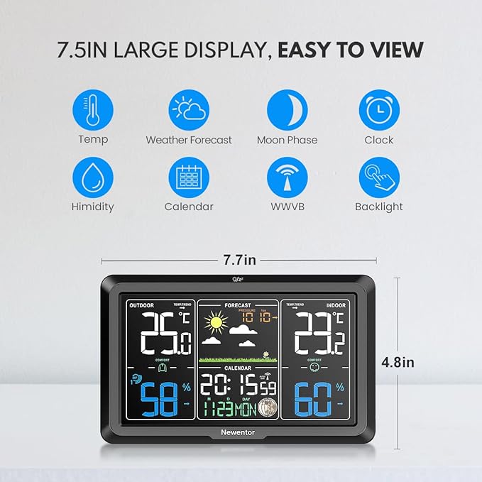 Newentor Wireless Weather Station with Lifetime Outdoor Sensor Guarantee - Vivid VA Display for 330° Readability with Permanent Illumination - Weathershack