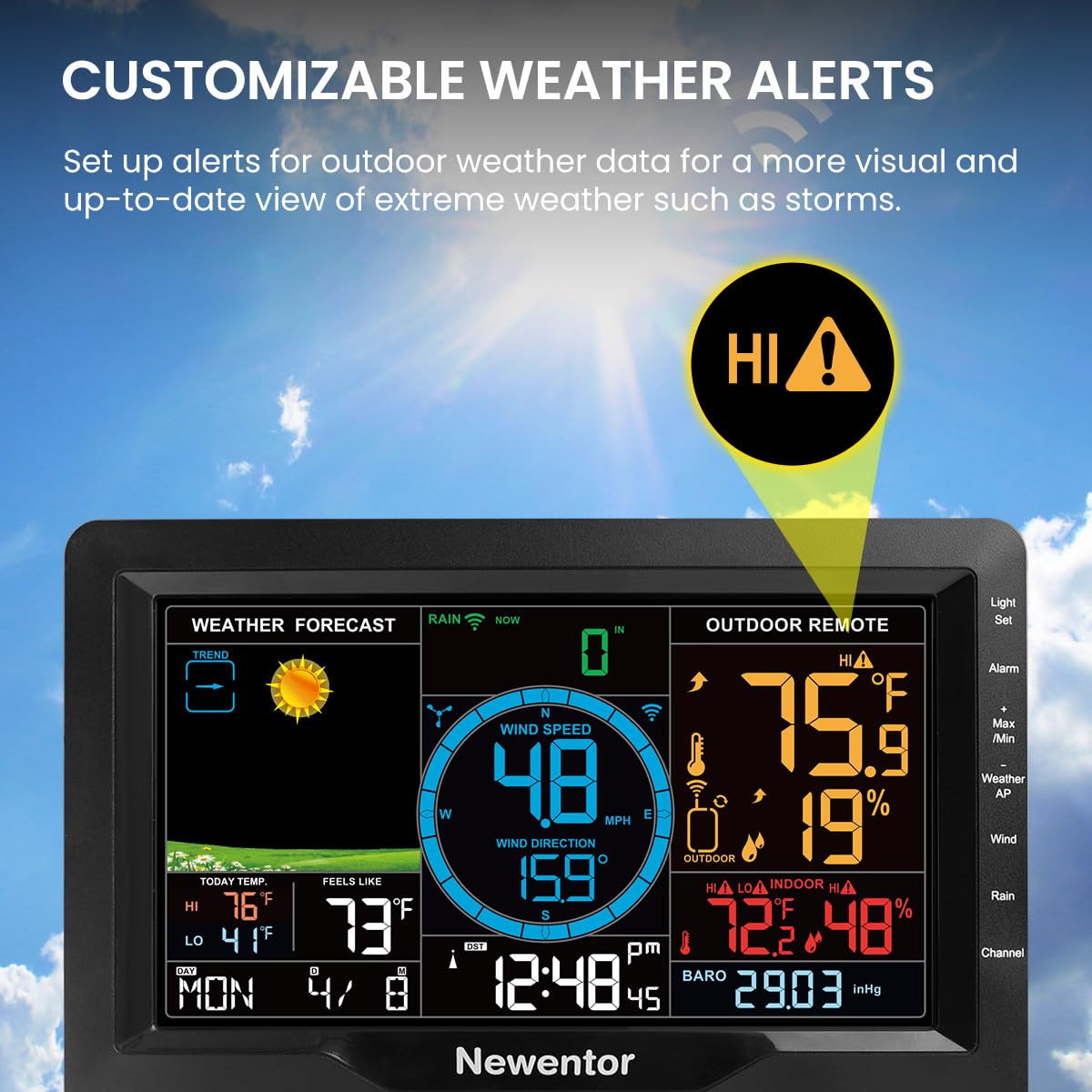 Newentor Wireless Indoor-Outdoor Weather Station with Solar-Powered Rain Gauge, Wind Speed Meter, Atomic Clock, and Temperature/Humidity Alerts (with Wifi) - Weathershack