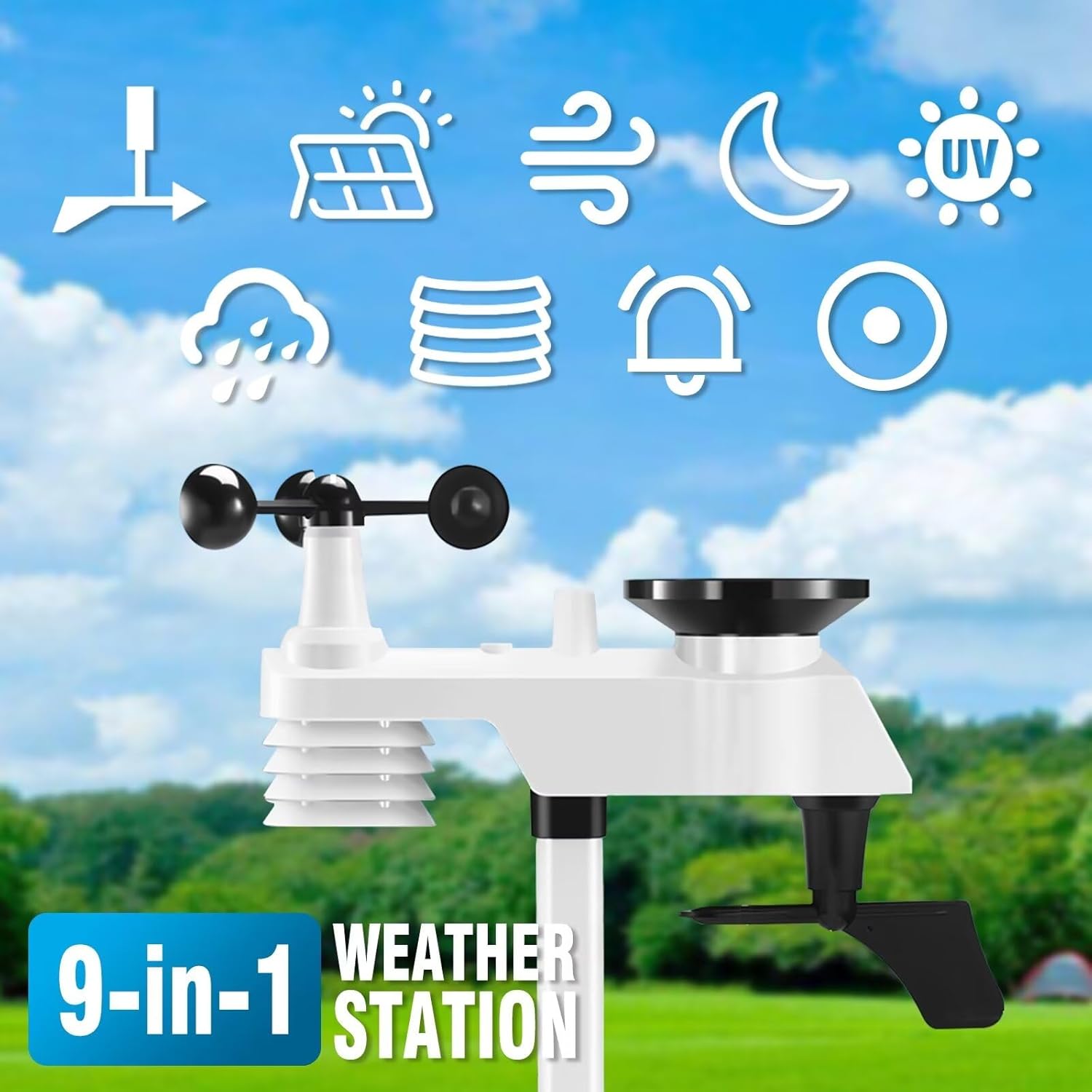 Gevanti 9-in-1 wireless weather station with sensor & LCD display, weather station with rain gauge and wind speed/direction, moon phase, forcast, temperature, pressure, humidity and alarm - Weathershack