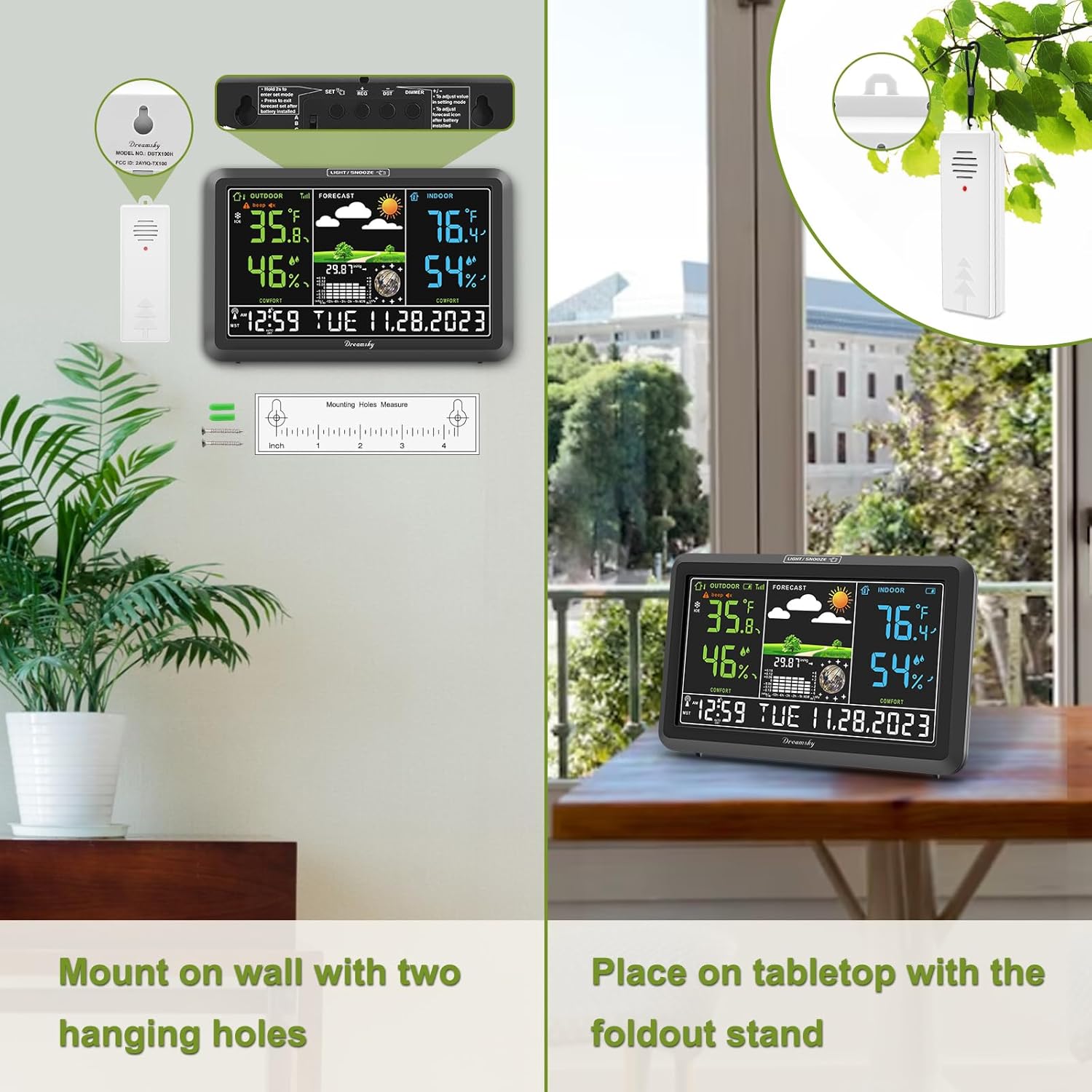 DreamSky weather station wireless indoor outdoor thermometer with digital atomic clock, large display with adjustable backlight, USB port, and inside/outside temperature & humidity monitor - Weathershack