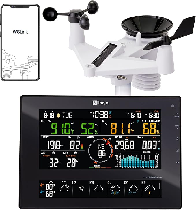 Logia 7-in-1 Wi-Fi Wireless Weather Station with 10-Day / 24 Hour Forecast, Solar & Large 8" Color Display | Measures Wind Speed/Direction, Rainfall, UV Index, Light Intensity, Temperature & Humidity - Weathershack