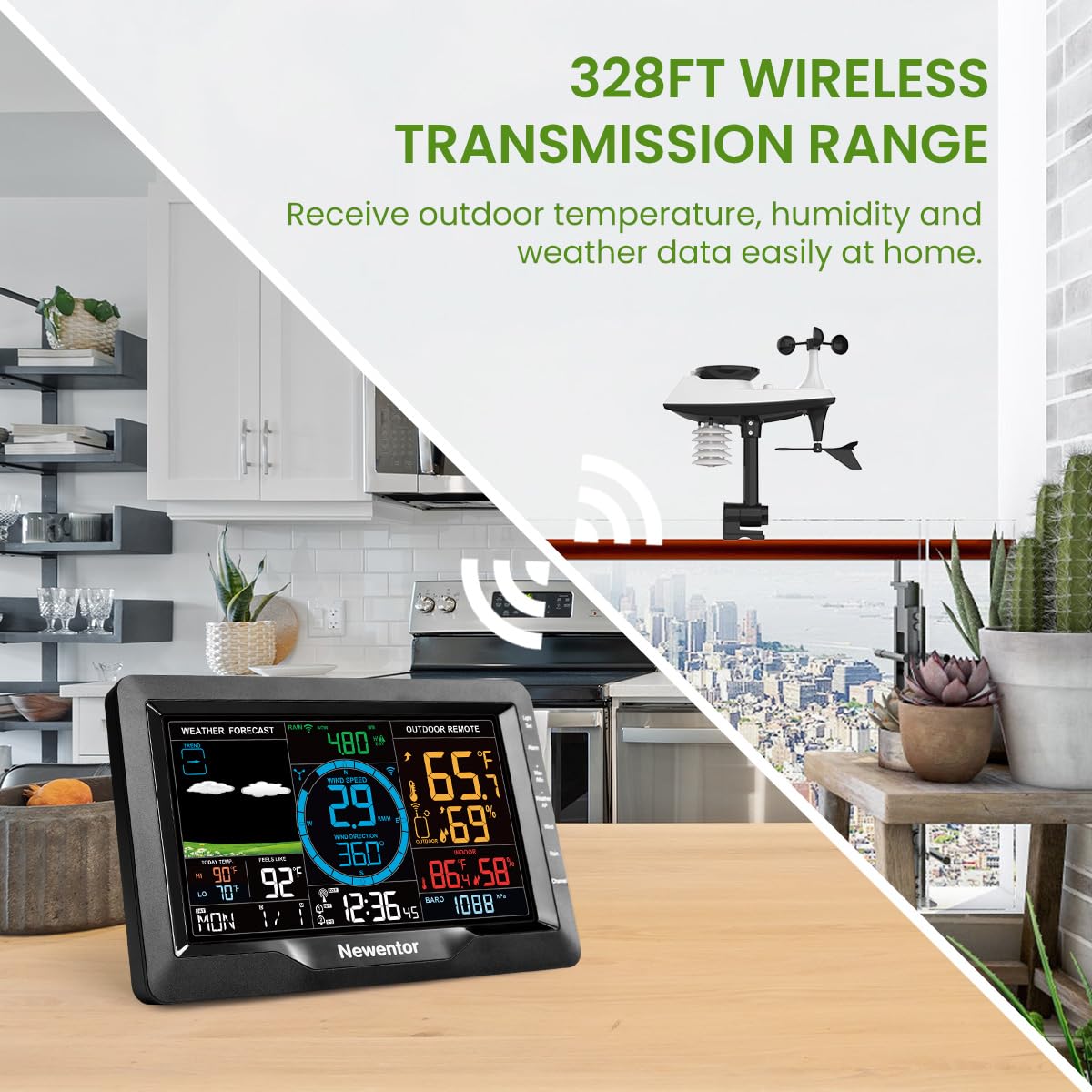 Newentor Wireless Indoor-Outdoor Weather Station with Solar-Powered Rain Gauge, Wind Speed Meter, Atomic Clock, and Temperature/Humidity Alerts (with Wifi) - Weathershack