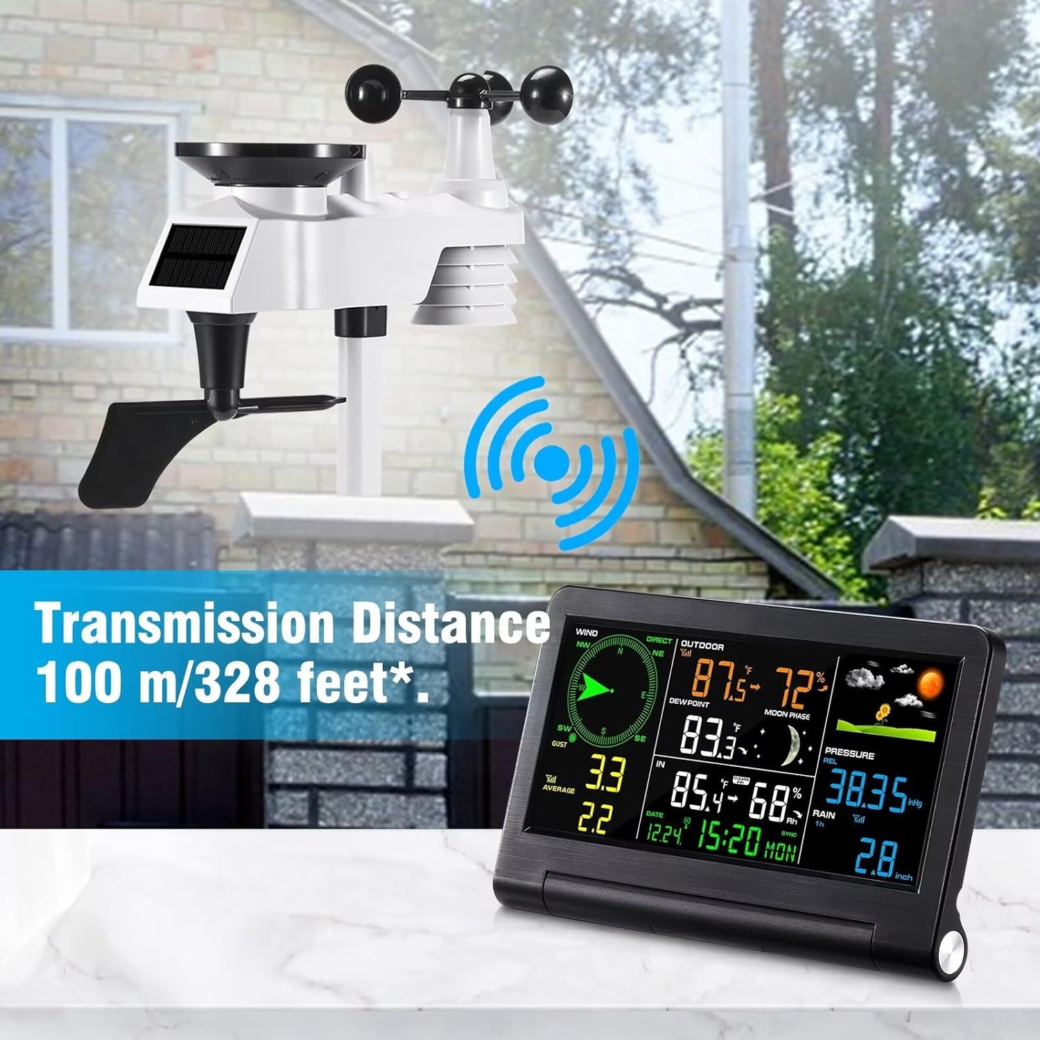 Gevanti 9-in-1 wireless weather station with sensor & LCD display, weather station with rain gauge and wind speed/direction, moon phase, forcast, temperature, pressure, humidity and alarm - Weathershack