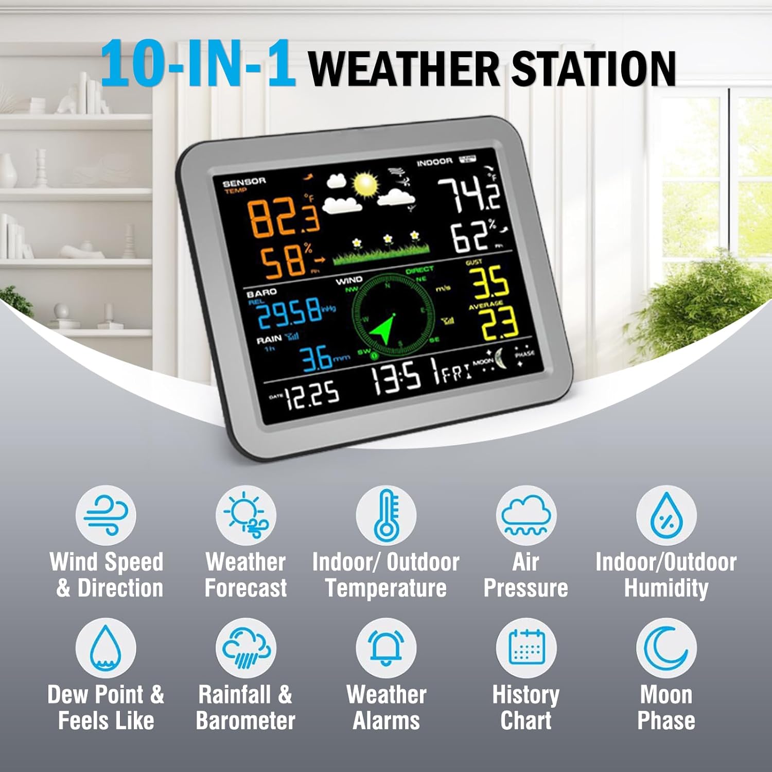 Gevanti 10-in-1 wireless weather station - thermometer, humidity, air pressure, rain gauge, dew point, wind speed/direction, moon phase, forecast, alarm & chart - Weathershack