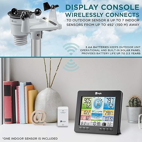 Logia 18-in-1 Wi-Fi Weather Station with 7-in-1 Solar Sensor Array, Temperature Humidity Wind Speed/Direction Rain UV & More, Wireless Color Console w/Forecast Data, Alarm, Alerts - Weathershack