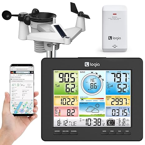 Logia 18-in-1 Wi-Fi Weather Station with 7-in-1 Solar Sensor Array, Temperature Humidity Wind Speed/Direction Rain UV & More, Wireless Color Console w/Forecast Data, Alarm, Alerts - Weathershack