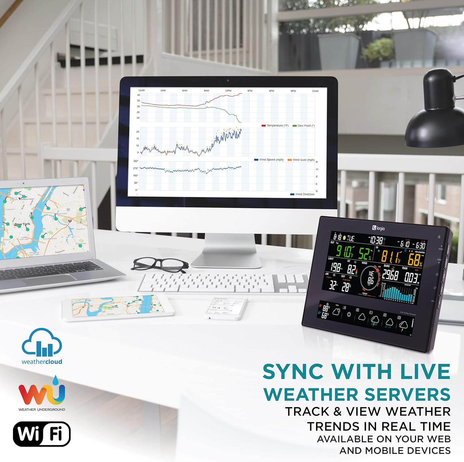 Logia 7-in-1 Wi-Fi Wireless Weather Station with 10-Day / 24 Hour Forecast, Solar & Large 8" Color Display | Measures Wind Speed/Direction, Rainfall, UV Index, Light Intensity, Temperature & Humidity - Weathershack