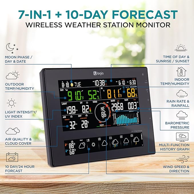 Logia 7-in-1 Wi-Fi Wireless Weather Station with 10-Day / 24 Hour Forecast, Solar & Large 8" Color Display | Measures Wind Speed/Direction, Rainfall, UV Index, Light Intensity, Temperature & Humidity - Weathershack