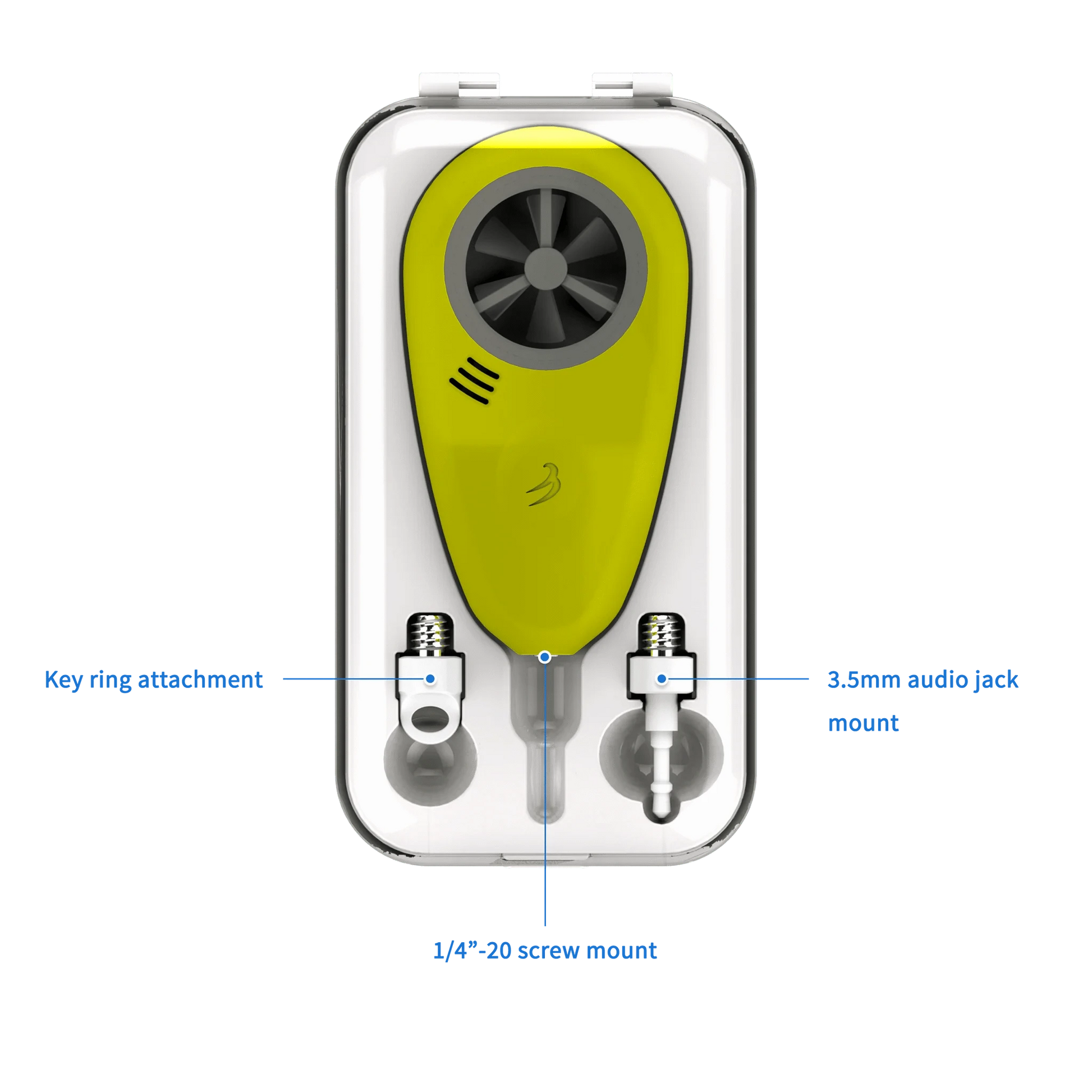Tempest weather meter in hard case with labeled key ring attachment, 3.5mm audio jack mount, and 1/4”-20 screw mount for field use.