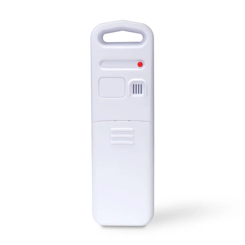 White AcuRite wireless temperature and humidity sensor with integrated hanger
