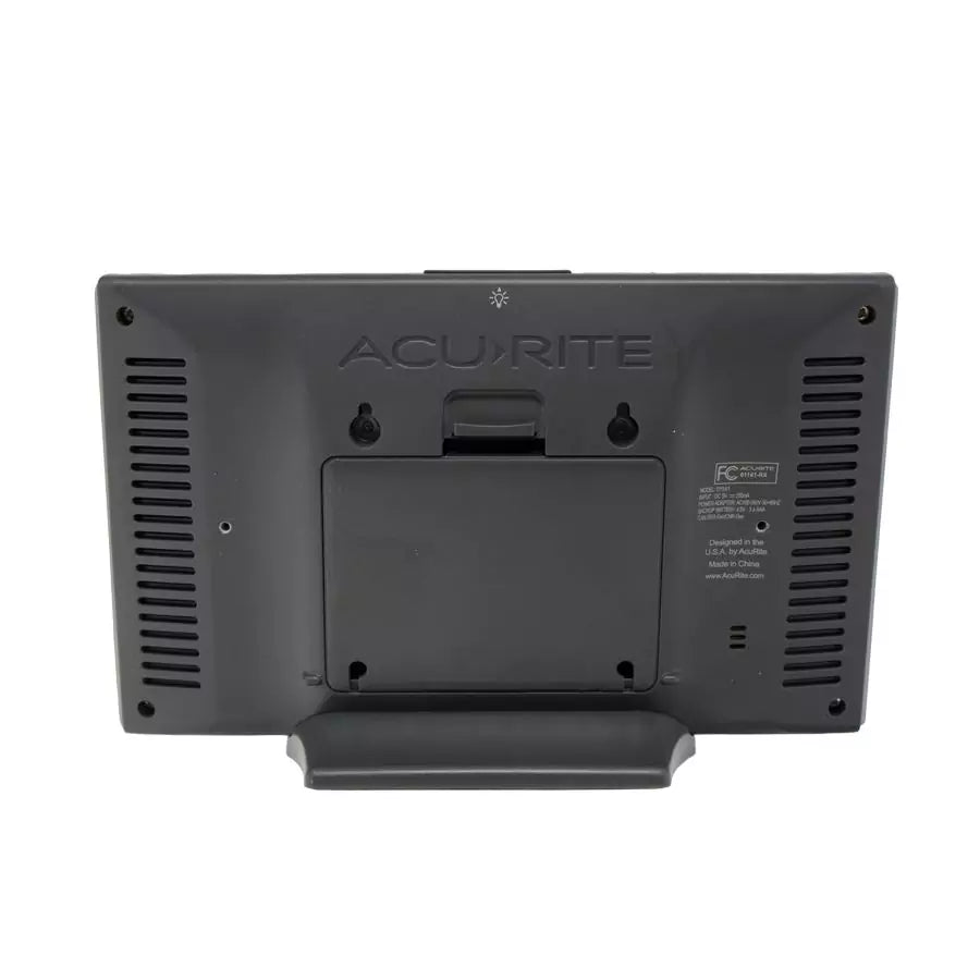 Back view of AcuRite weather monitoring display with wall-mount design and battery compartment
