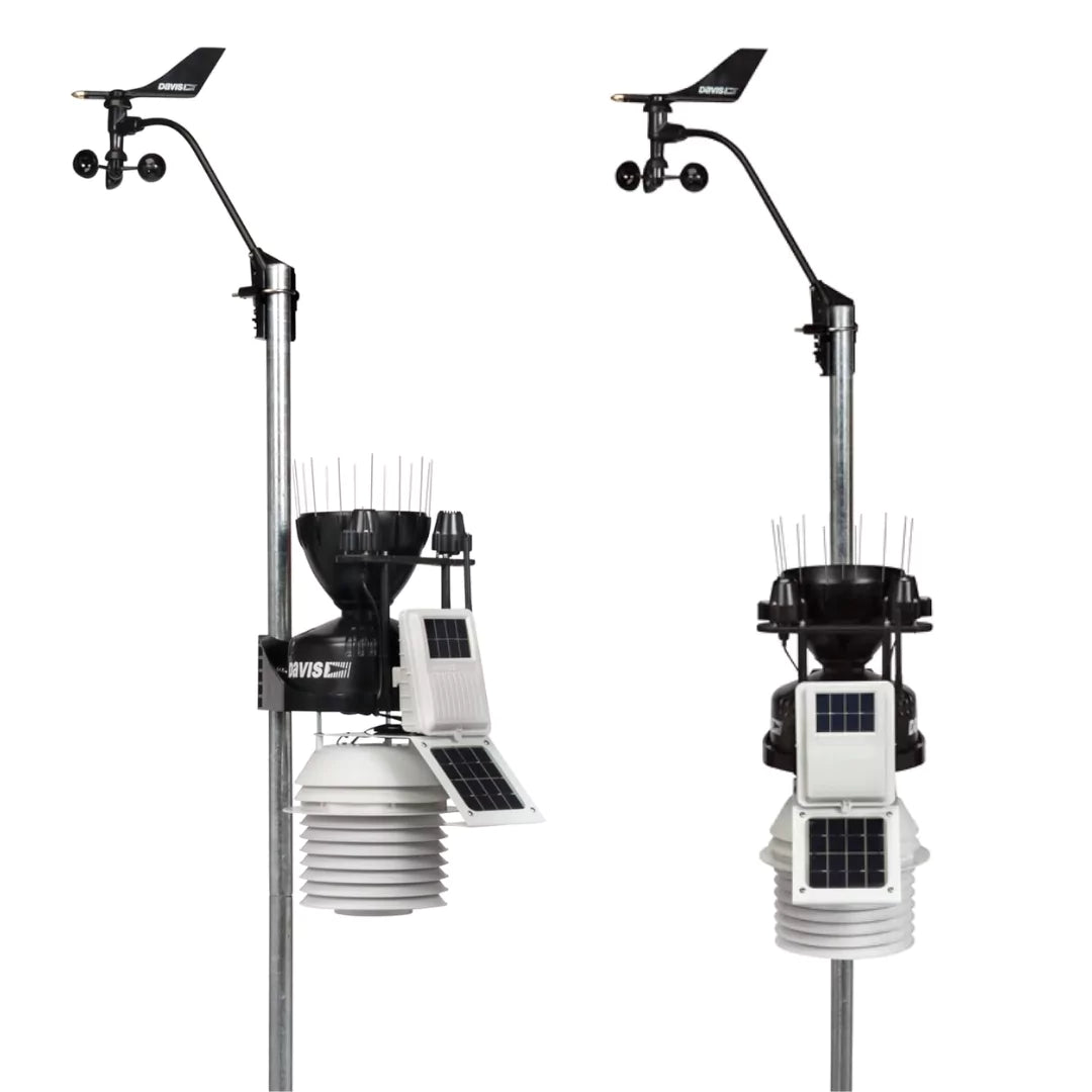 Davis Vantage Pro2 Plus weather station mounted on a pole with solar panels and sensors.