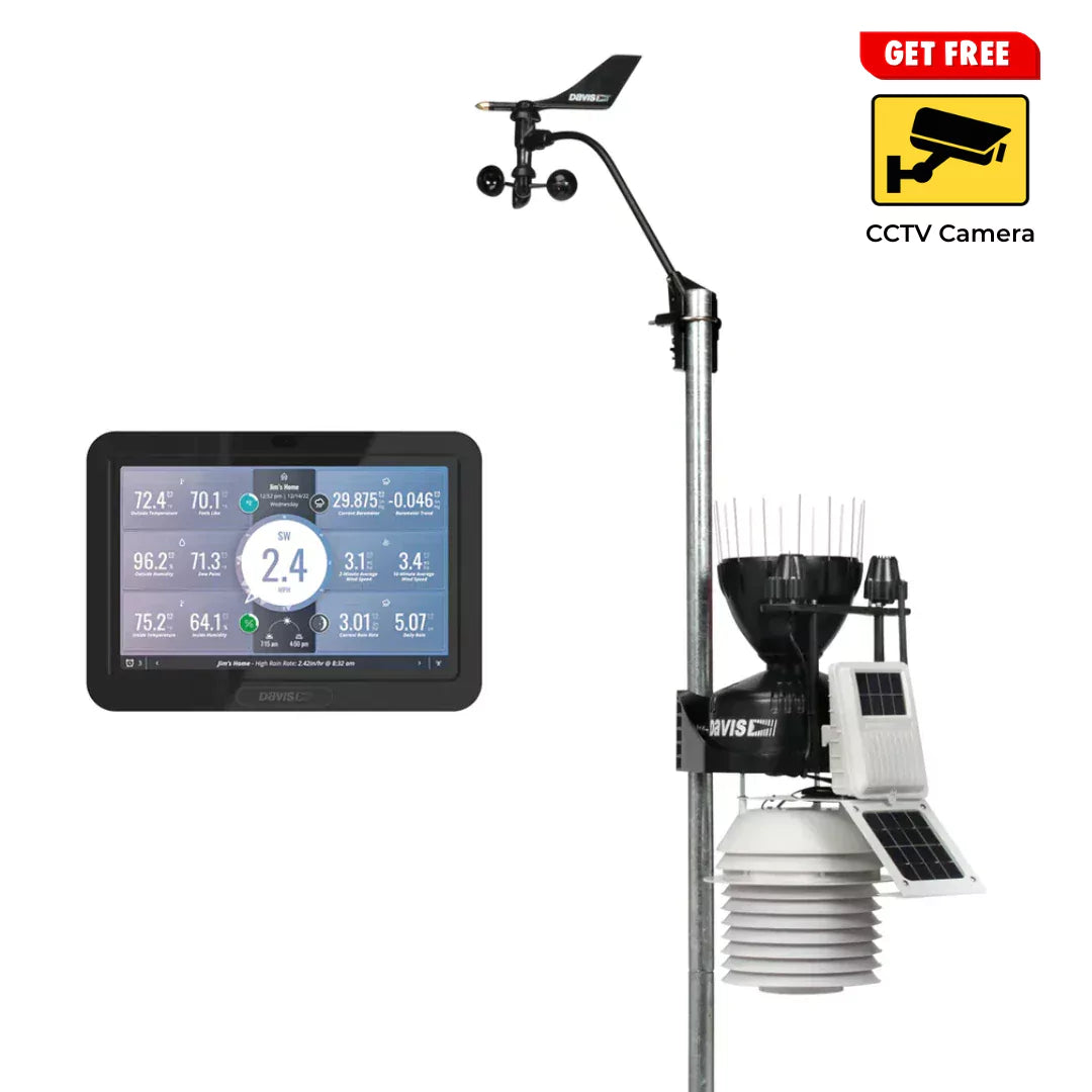 Davis wireless Pro2 Plus weather station with console display and free CCTV camera offer.