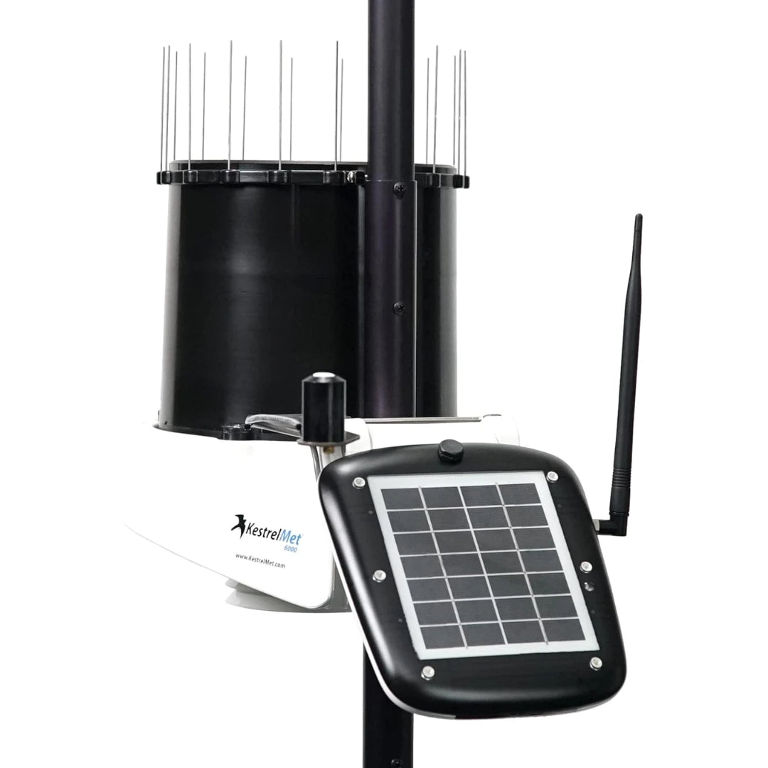 Close-up of KestrelMet 6000 weather station with solar panel, rain gauge, and antenna