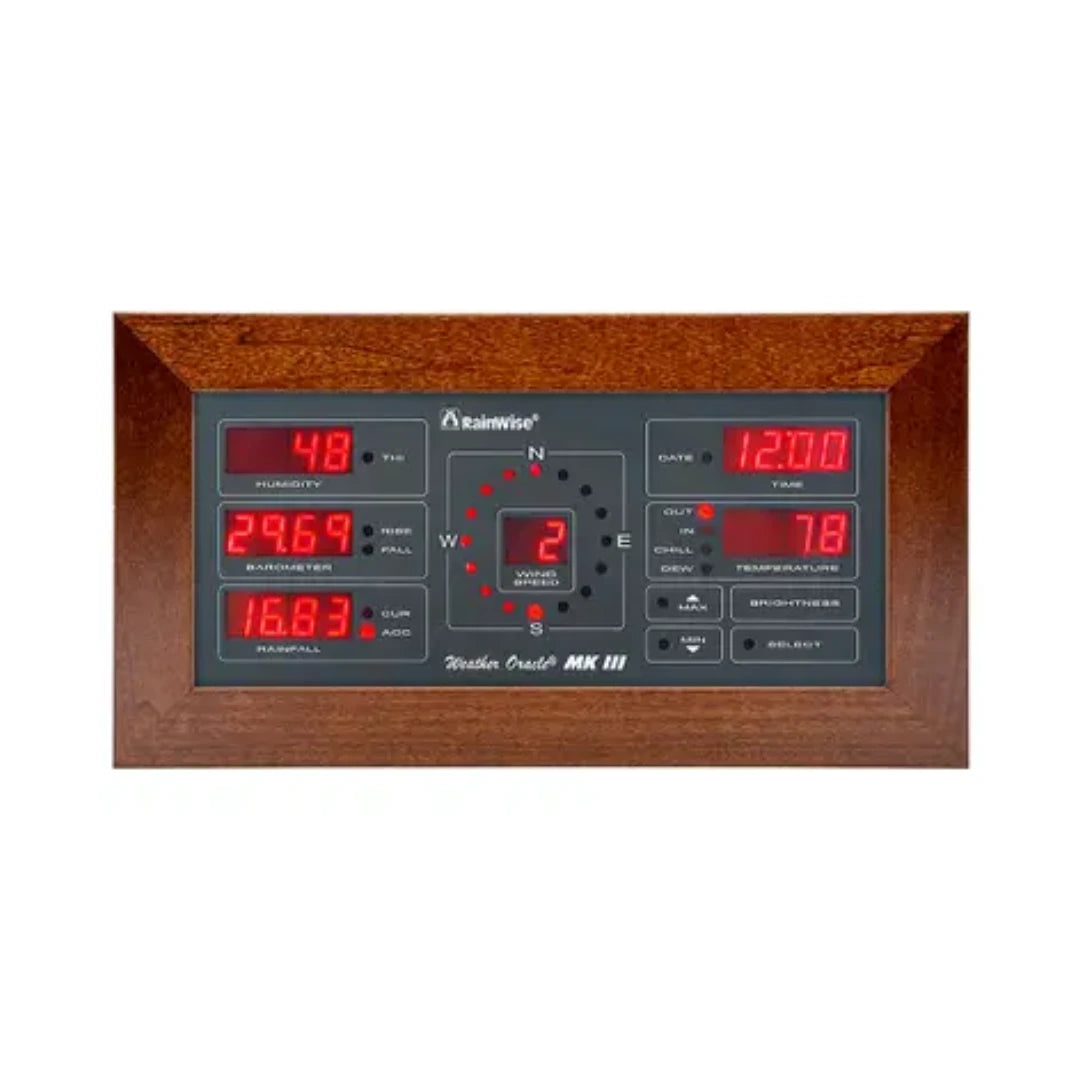 RainWise Oracle MK III weather station display showing humidity, wind, and temperature