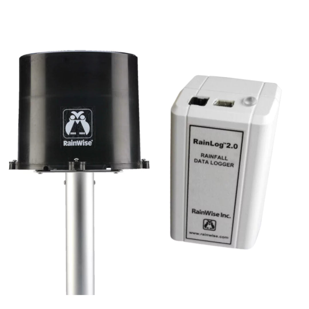 RainWise RainLogger installed on mounting pole with RainLog 2.0 rainfall data logger for weather tracking