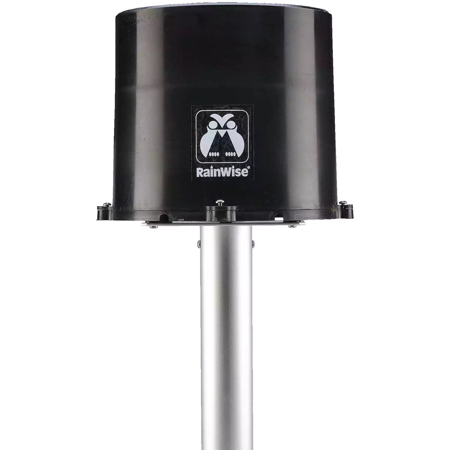 Mounted RainWise Rainew rain gauge on pole with black housing and logo for outdoor installation