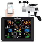 Sainlogic wireless weather station with 7-in-1 sensor and colorful LCD display showing local weather readings.