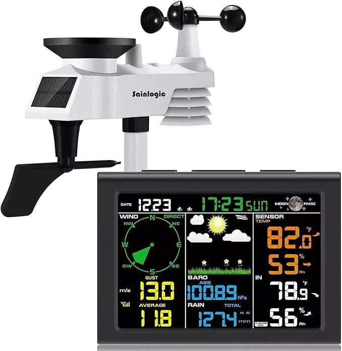 Sainlogic 8-in-1 Wireless Weather Station with Outdoor Sensor, Weather Forecast, Temperature, Air Pressure, Humidity, Wind Gauge, Rain Gauge, Moon Phase, Alarm Clock (No Wi-Fi) - Weathershack