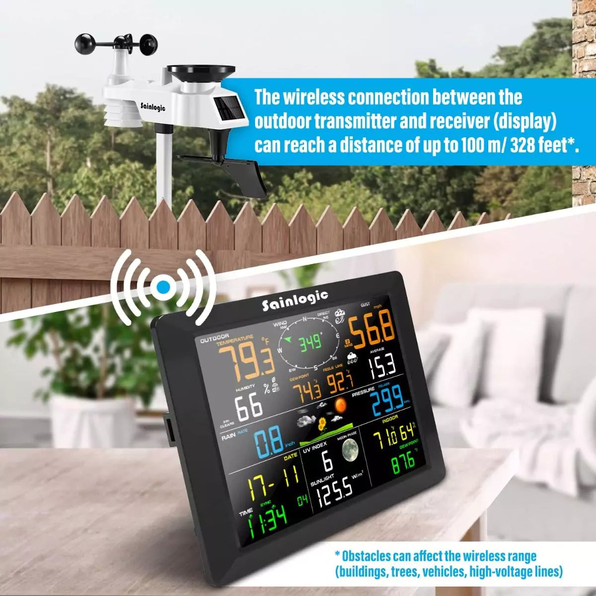 Sainlogic display console next to 7-in-1 outdoor sensor for full home weather monitoring.