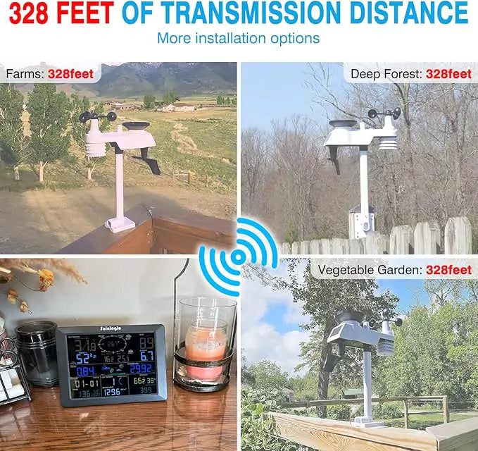 Sainlogic outdoor weather sensor showing wireless transmission distance of 328 feet to indoor console.