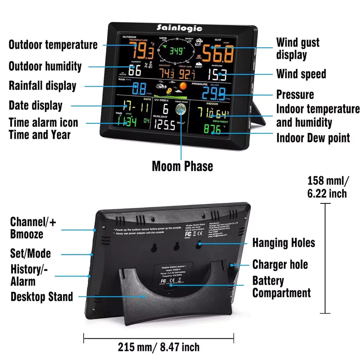 Sainlogic weather station console features like time, weather forecast, alarms, and colorful display layout.