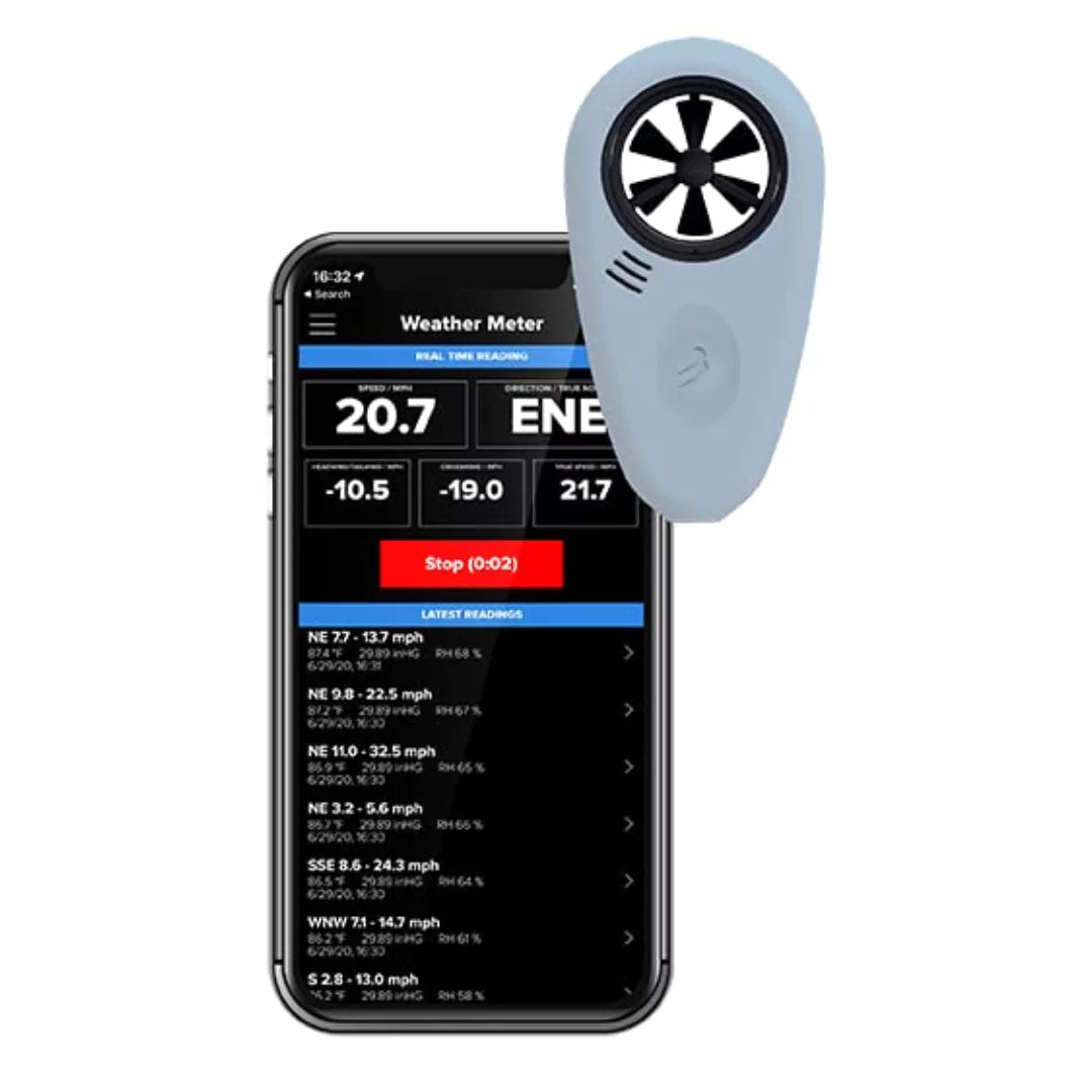 Tempest windmeter with the weather app displayed in the white background.