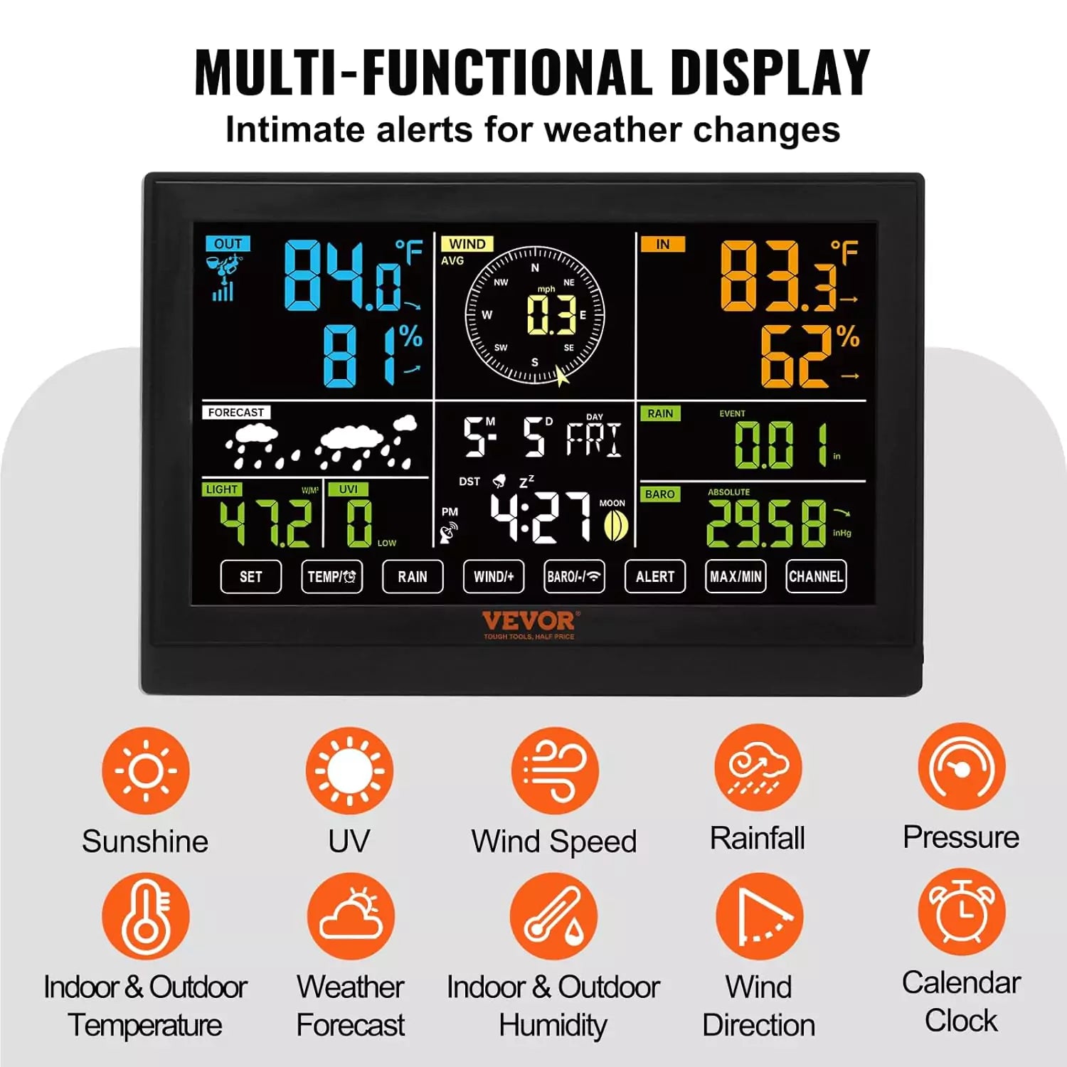 Vevor multi-functional display features with intimate alerts for weather changes.