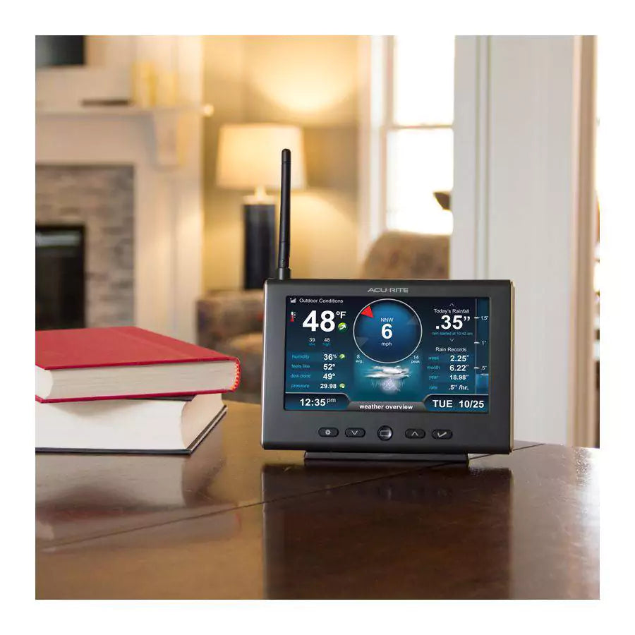 AcuRite weather station on table displaying temperature, wind, rain, and humidity
