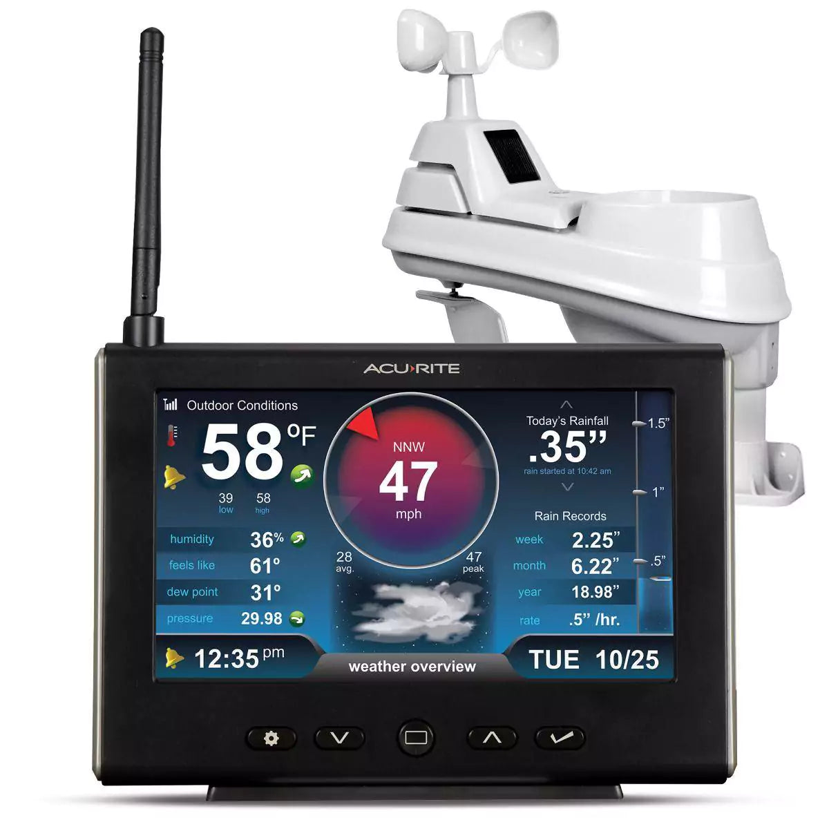 AcuRite 5-in-1 weather station with HD display showing live outdoor conditions