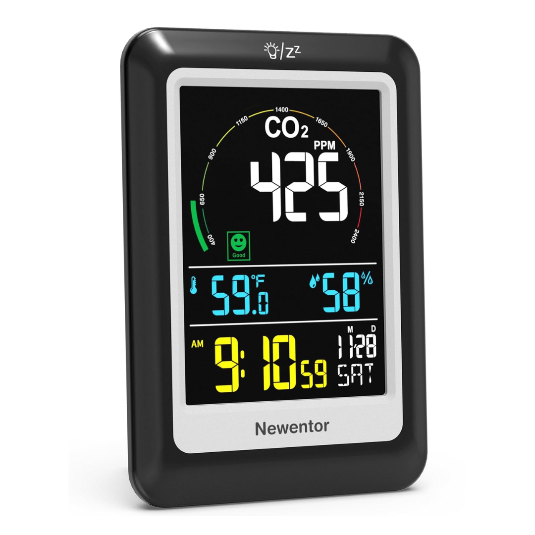 CO2 Monitor with Voice Alert - Newentor Indoor Air Quality Meter, CO2 Detector, Large Display, Temperature & Humidity Sensor with Alarm Clock - Weathershack