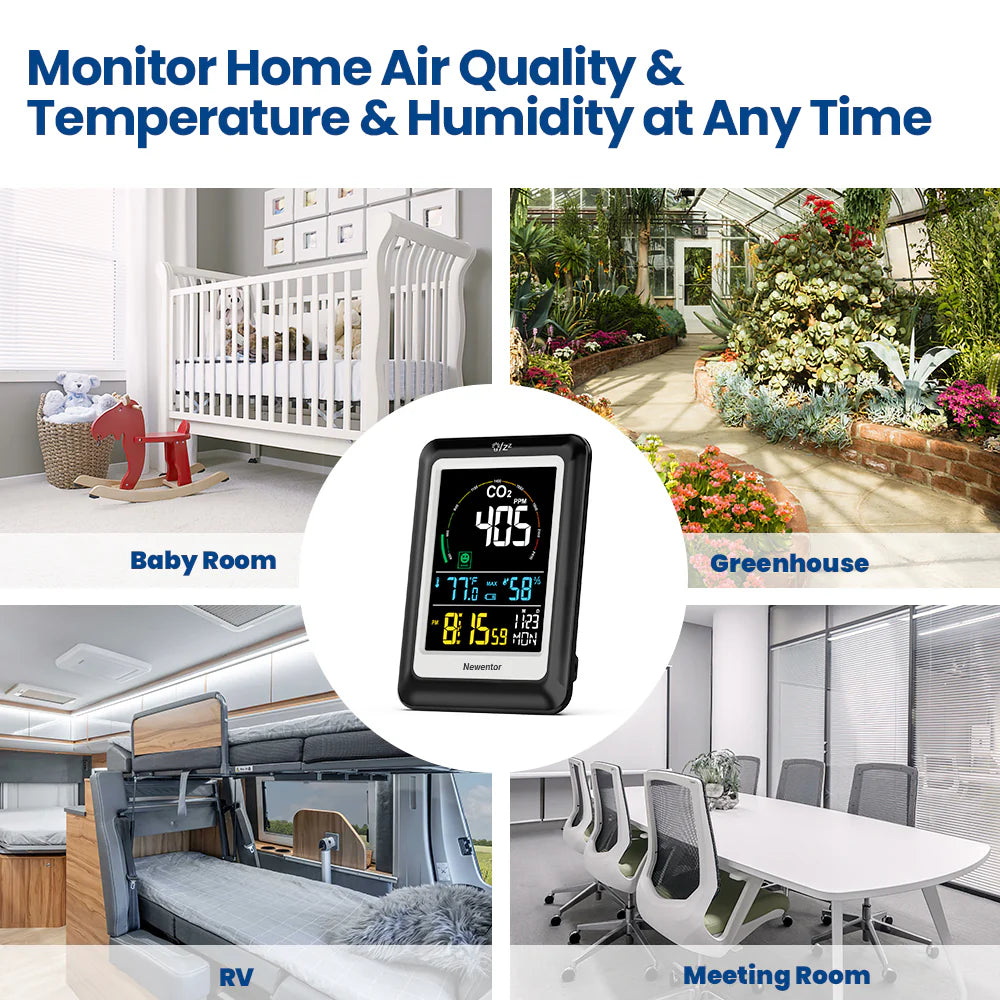 CO2 Monitor with Voice Alert - Newentor Indoor Air Quality Meter, CO2 Detector, Large Display, Temperature & Humidity Sensor with Alarm Clock - Weathershack