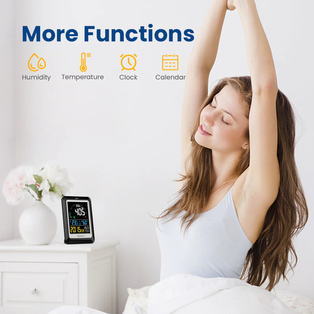 CO2 Monitor with Voice Alert - Newentor Indoor Air Quality Meter, CO2 Detector, Large Display, Temperature & Humidity Sensor with Alarm Clock - Weathershack