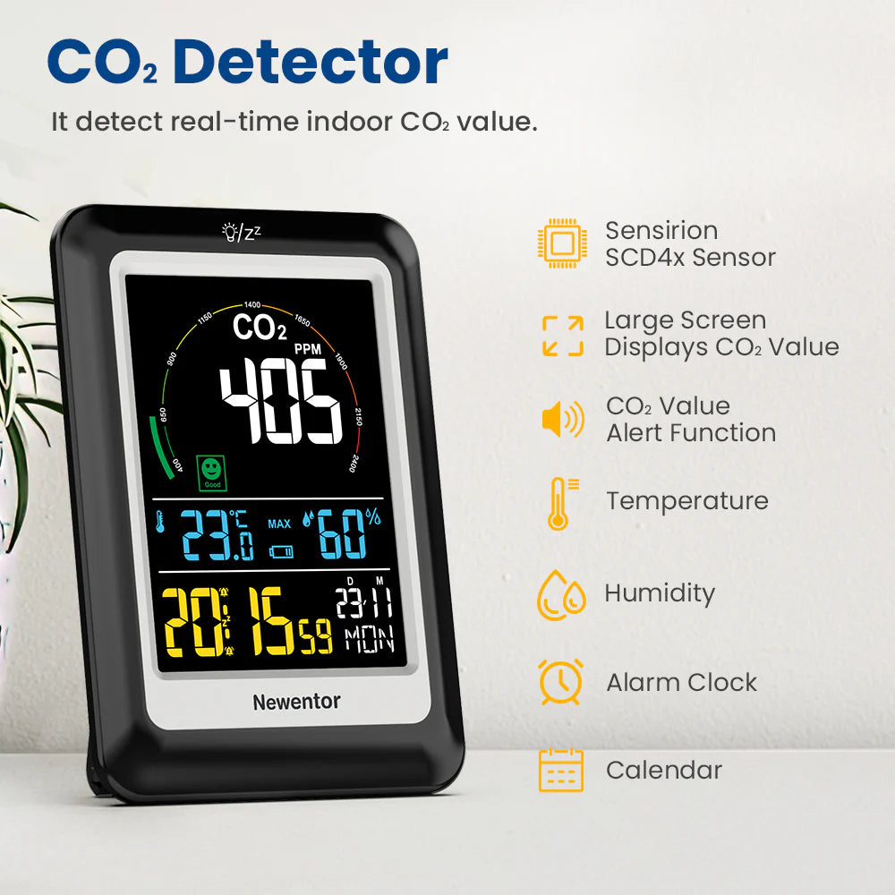 CO2 Monitor with Voice Alert - Newentor Indoor Air Quality Meter, CO2 Detector, Large Display, Temperature & Humidity Sensor with Alarm Clock - Weathershack