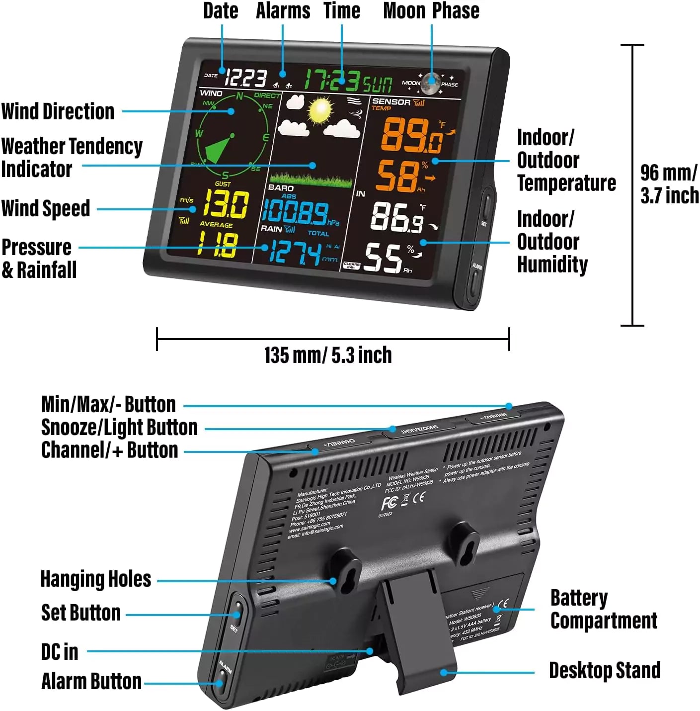 Sainlogic 8-in-1 Wireless Weather Station with Outdoor Sensor, Weather Forecast, Temperature, Air Pressure, Humidity, Wind Gauge, Rain Gauge, Moon Phase, Alarm Clock (No Wi-Fi) - Weathershack