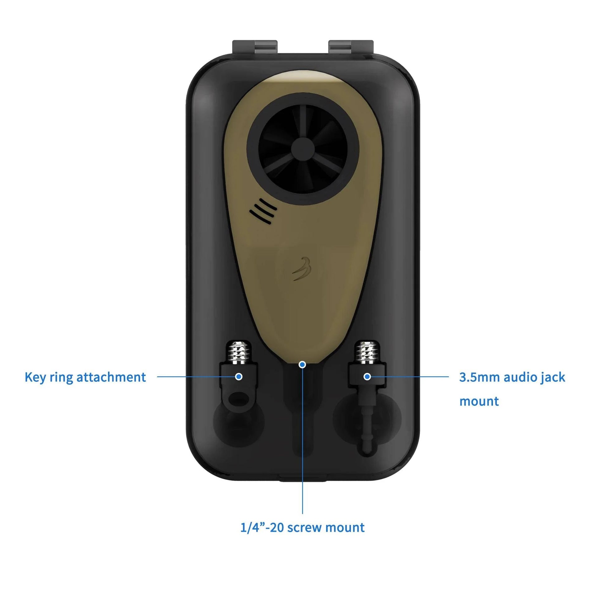 Tempest Weather Meter for precision shooting in hard case with key ring, 3.5mm audio jack, and 1/4"-20 screw mount.