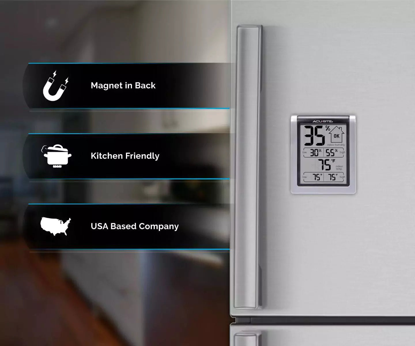 AcuRite indoor monitor mounted on fridge with magnetic back, kitchen-friendly design