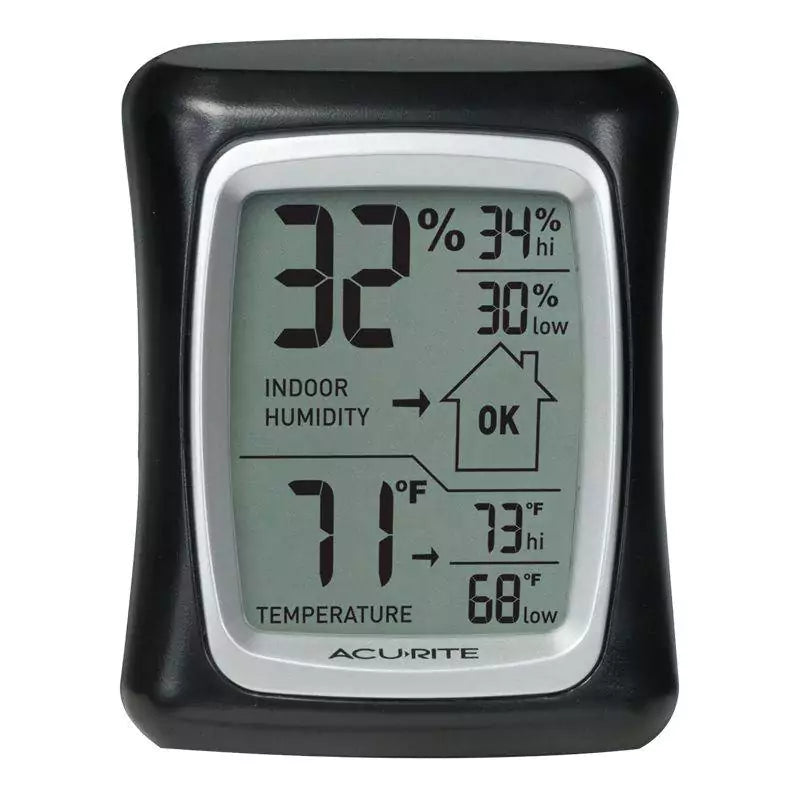 Front view of AcuRite Indoor Thermometer and Hygrometer showing temperature and humidity
