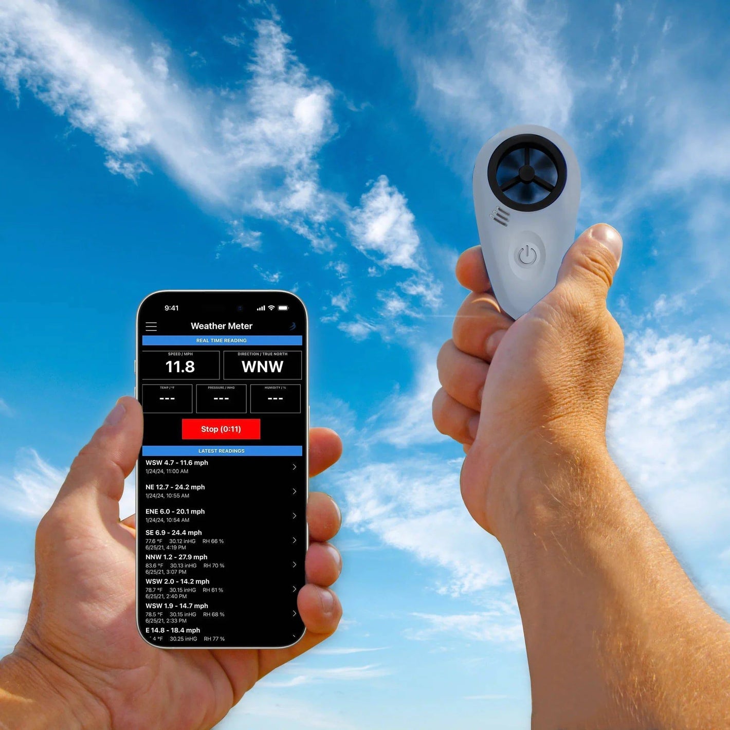 Tempest WINDmeter, anemometer on the hand and smartphone showing wind speed and direction