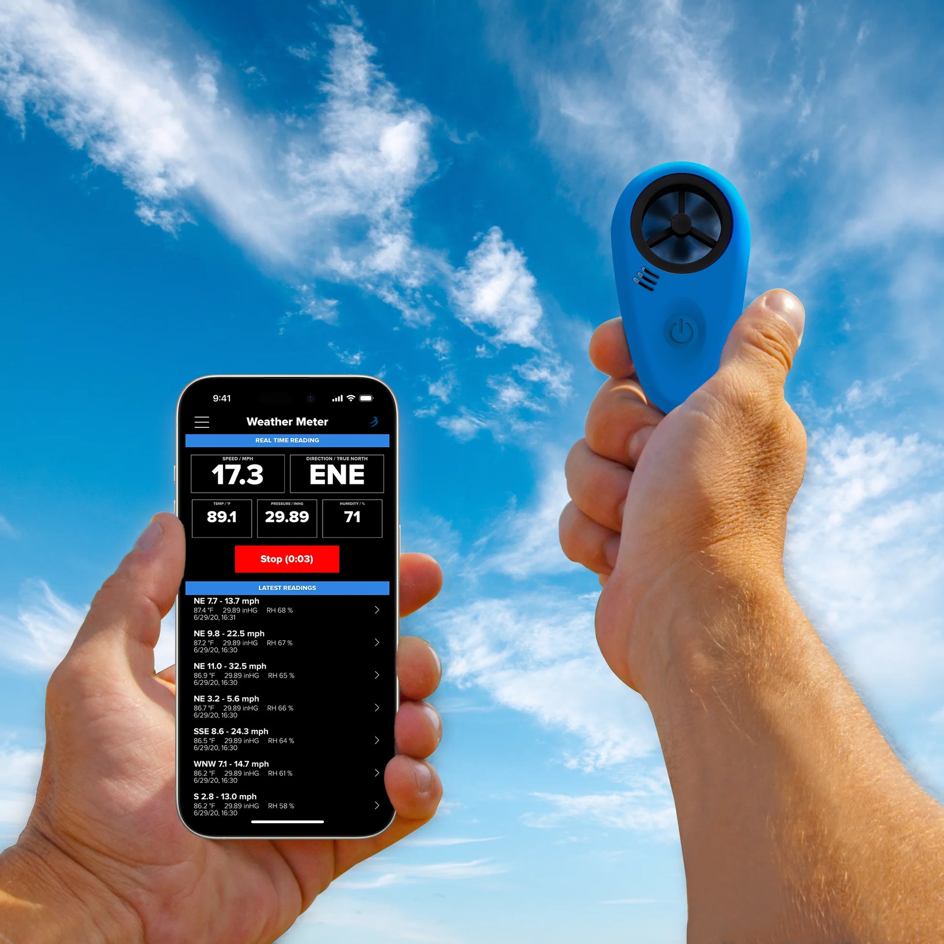 Tempest WEATHERmeter with the app showing weather conditions and wind speed.