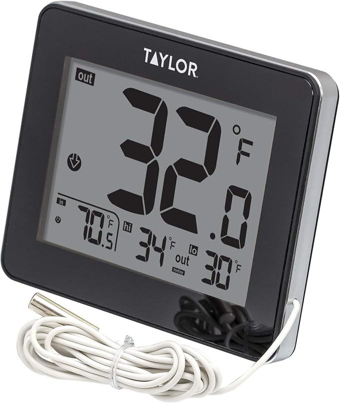 Taylor Wired Digital Indoor/Outdoor Thermometer – LED Display with Wired Probe Sensor for Home, Office & Greenhouse, White - Weathershack