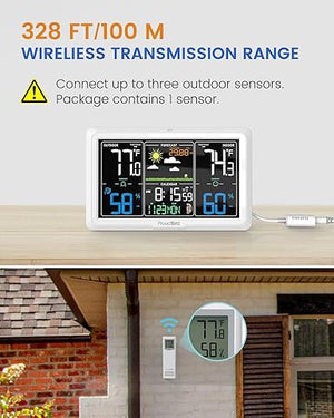 Proud Bird wireless weather station with Indoor and Outdoor thermometer, 350° viewing angle, colorful 7.6'' large display, atomic clock, white - Weathershack