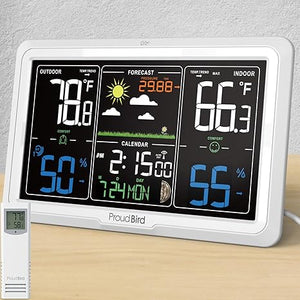 Proud Bird wireless weather station with Indoor and Outdoor thermometer, 350° viewing angle, colorful 7.6'' large display, atomic clock, white - Weathershack