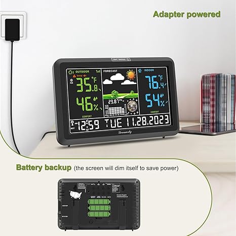 DreamSky weather station wireless indoor outdoor thermometer with digital atomic clock, large display with adjustable backlight, USB port, and inside/outside temperature & humidity monitor - Weathershack