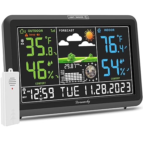 DreamSky weather station wireless indoor outdoor thermometer with digital atomic clock, large display with adjustable backlight, USB port, and inside/outside temperature & humidity monitor - Weathershack