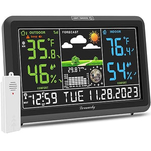 DreamSky weather station wireless indoor outdoor thermometer with digital atomic clock, large display with adjustable backlight, USB port, and inside/outside temperature & humidity monitor - Weathershack