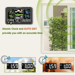 DreamSky weather station wireless indoor outdoor thermometer with digital atomic clock, large display with adjustable backlight, USB port, and inside/outside temperature & humidity monitor - Weathershack