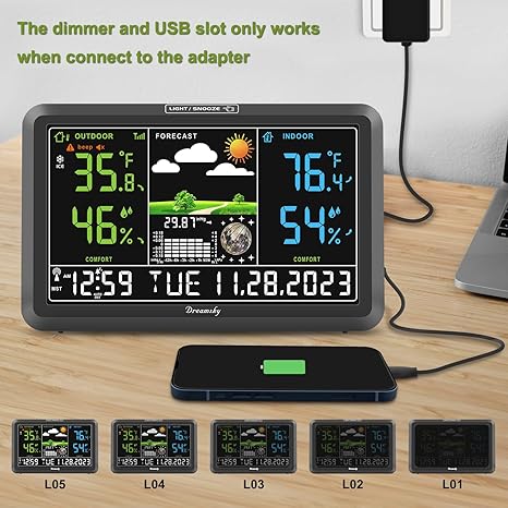 DreamSky weather station wireless indoor outdoor thermometer with digital atomic clock, large display with adjustable backlight, USB port, and inside/outside temperature & humidity monitor - Weathershack